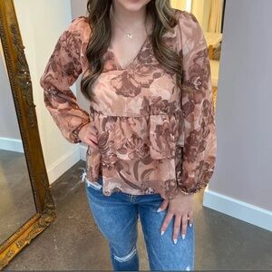 NWT- Gilli long sleeve, V-neck, floral w/ruffle blouse